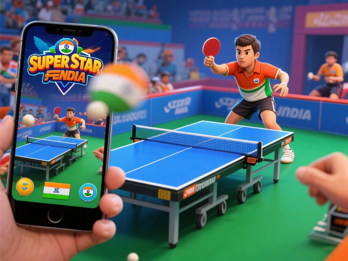 Super Star Table Tennis India gameplay showing Indian stadium